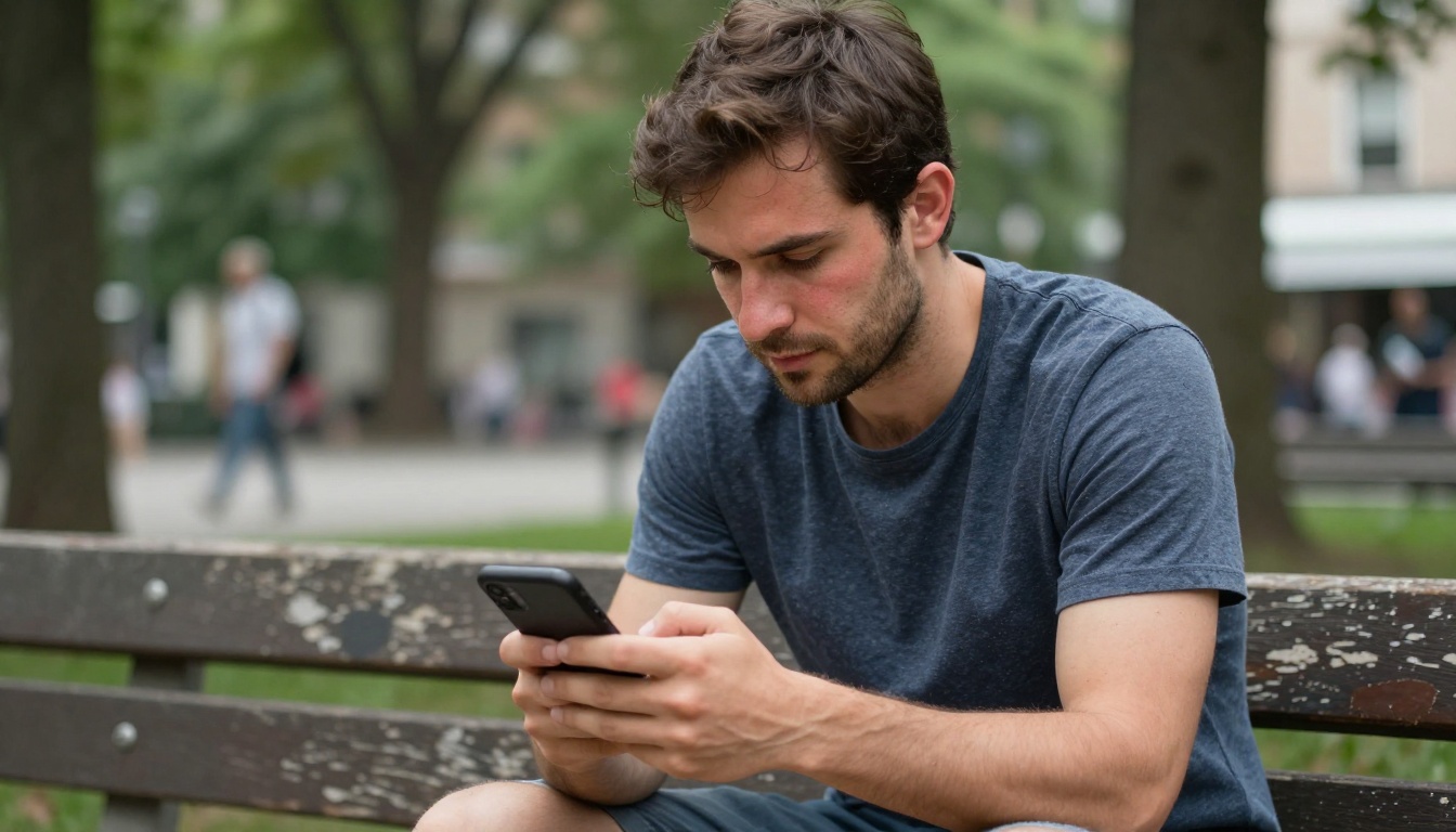 Man on phone in park evaluating AI-generated images with focus on detail Man on phone in park evaluating AI-generated images with focus on detail
