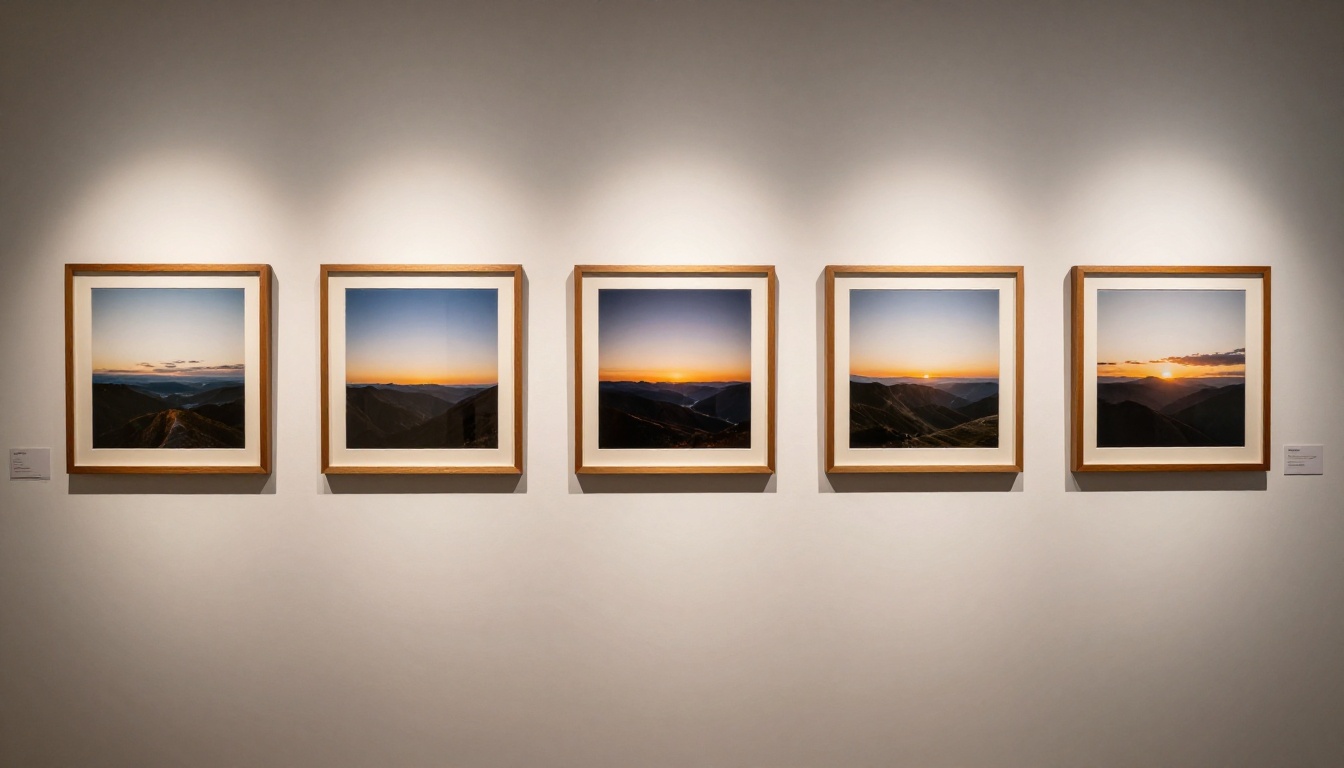 Row of framed photographs in gallery showing range of AI image quality Row of framed photographs in gallery showing range of AI image quality