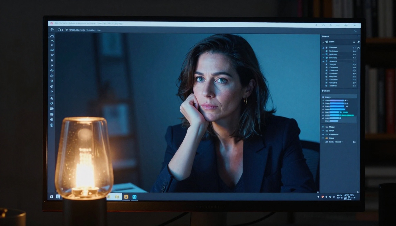 Female creative director scrutinizing AI-generated portrait on large monitor in studio Female creative director scrutinizing AI-generated portrait on large monitor in studio