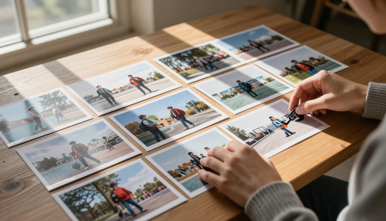 Overhead view of printed AI image outputs spread on coffee table being reviewed Overhead view of printed AI image outputs spread on coffee table being reviewed