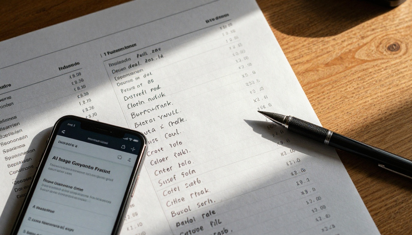 Overhead flat lay of pricing research with printed sheets, notepad, and smartphone on wooden desk