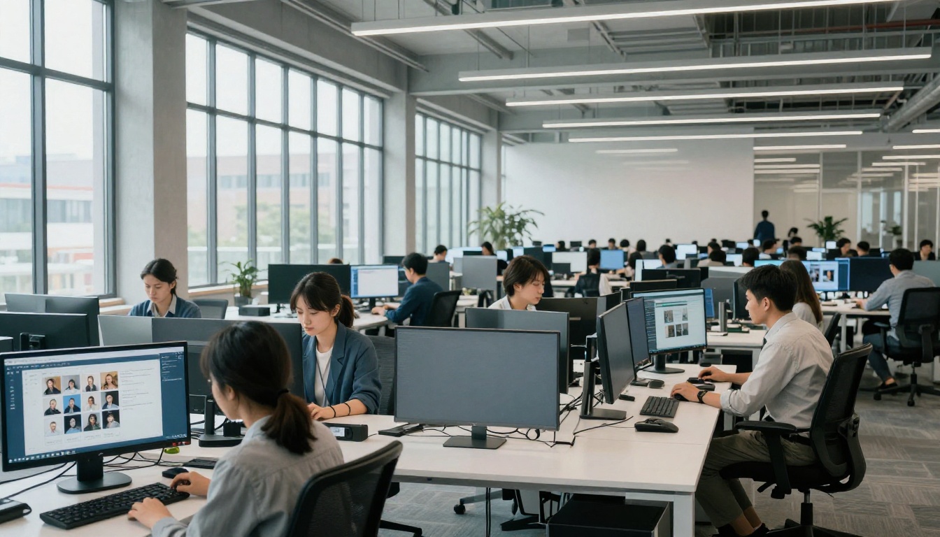 AI tech office with monitors showing image generation interfaces in open-plan workspace