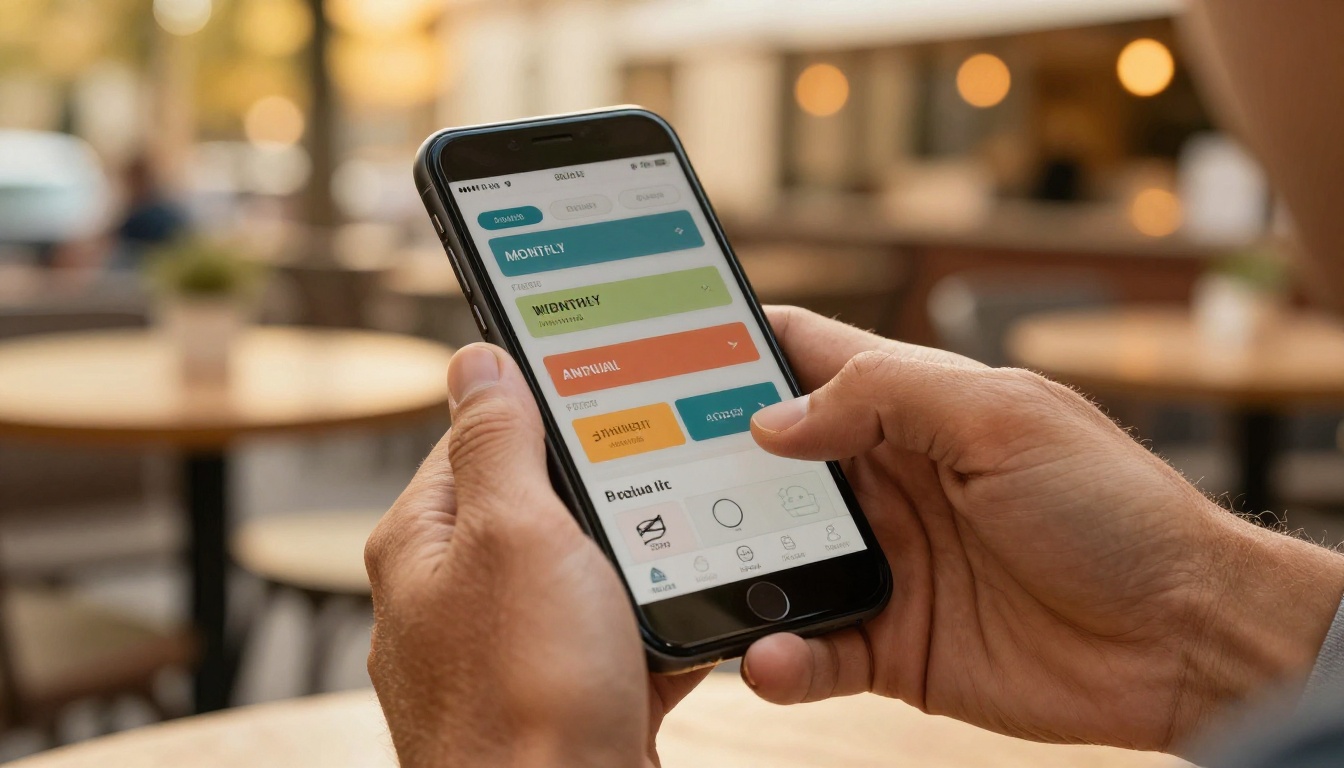 Close-up of tan hands holding smartphone with subscription pricing options at outdoor café in golden hour light