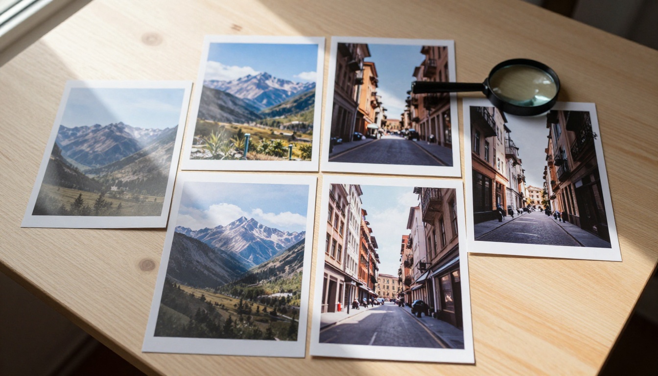 Bird's eye flat lay of four printed AI-generated photographs on birch wood table with magnifying glass