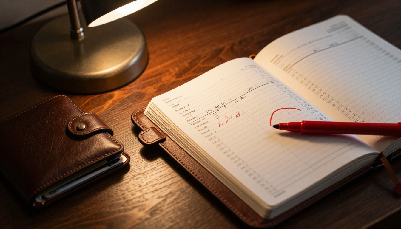 Budget planner with subscription expenses highlighted in red marker, leather wallet on dark walnut desk under warm lamp