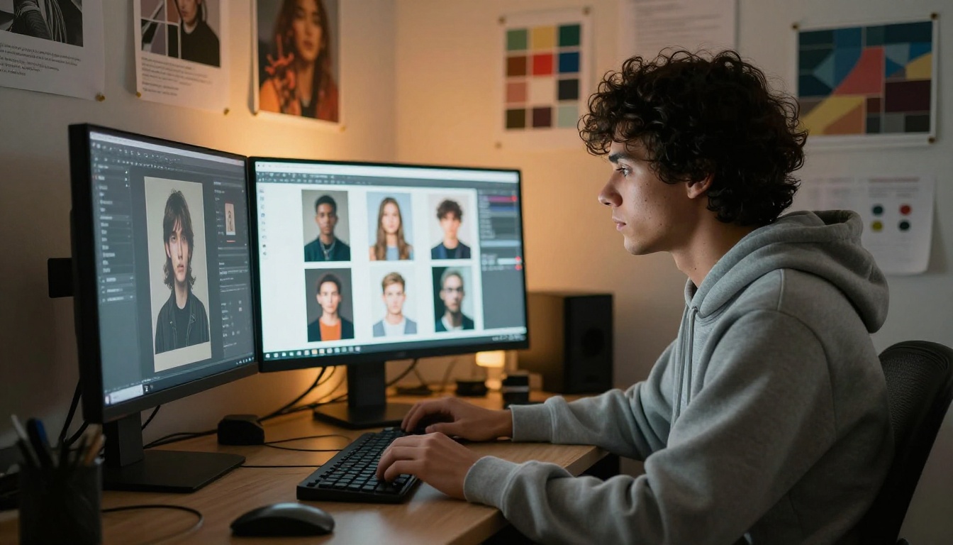 Focused young designer with dark curly hair at dual monitor setup with AI image grid in dimly lit studio