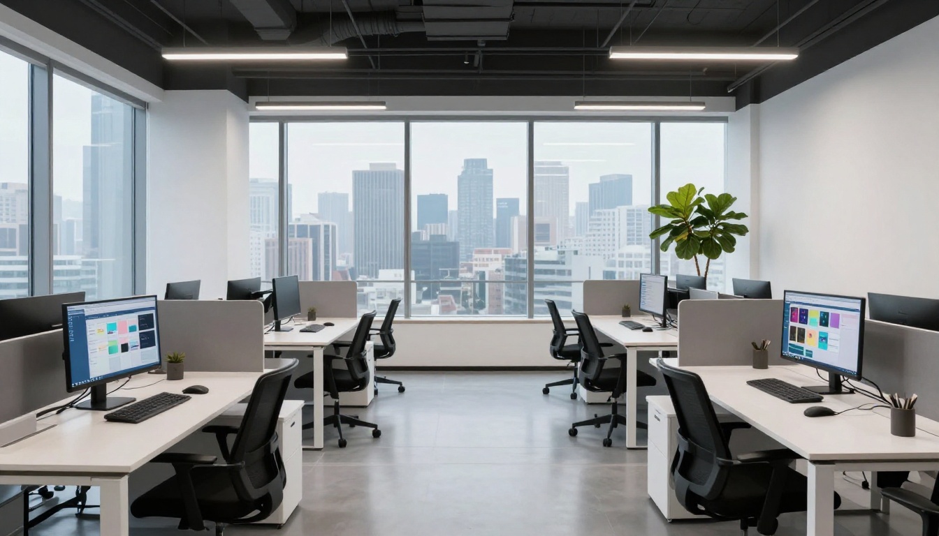Modern minimalist tech startup office with floor-to-ceiling windows overlooking city, monitors with colorful AI interfaces