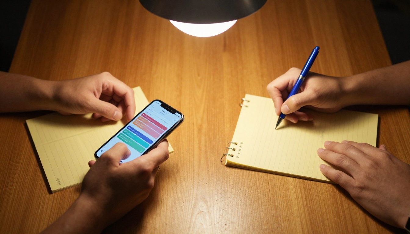 Two people at oak table comparing smartphone pricing page and handwritten notes under warm pendant lamp