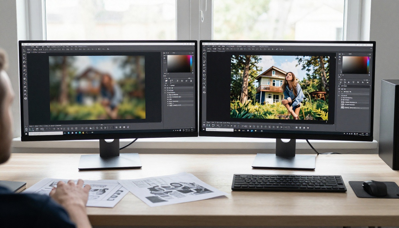 Dual monitors showing a vague versus a detailed AI image result side by side