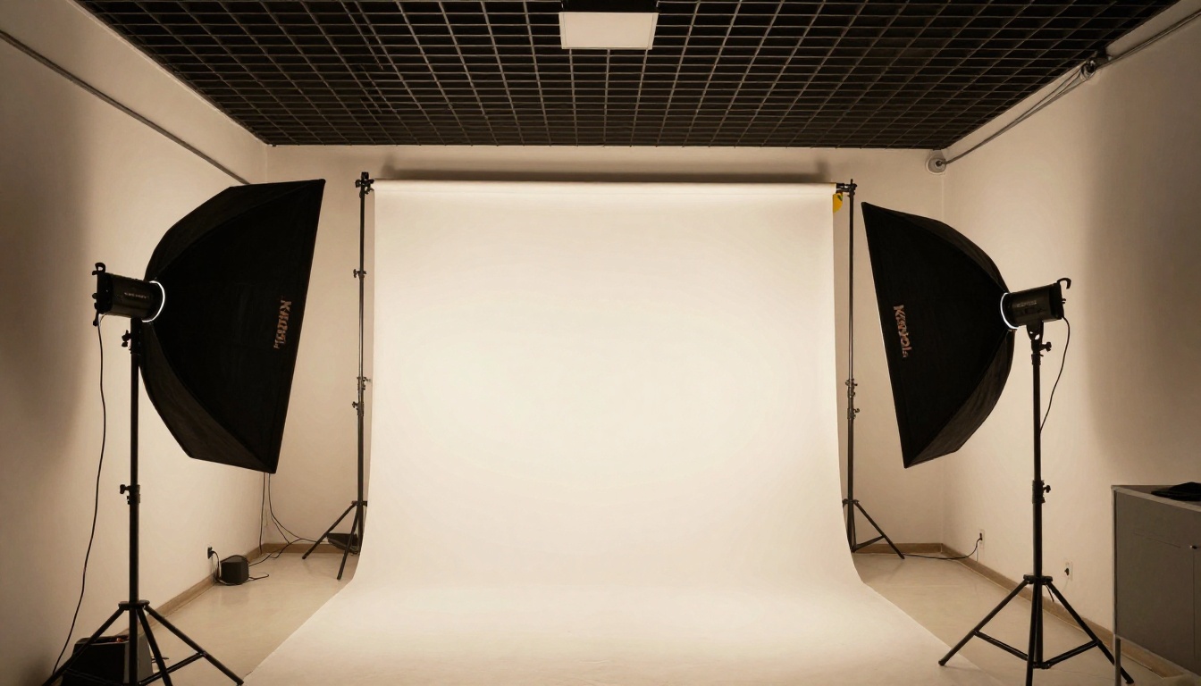 Professional photography studio with carefully arranged softbox lighting setup