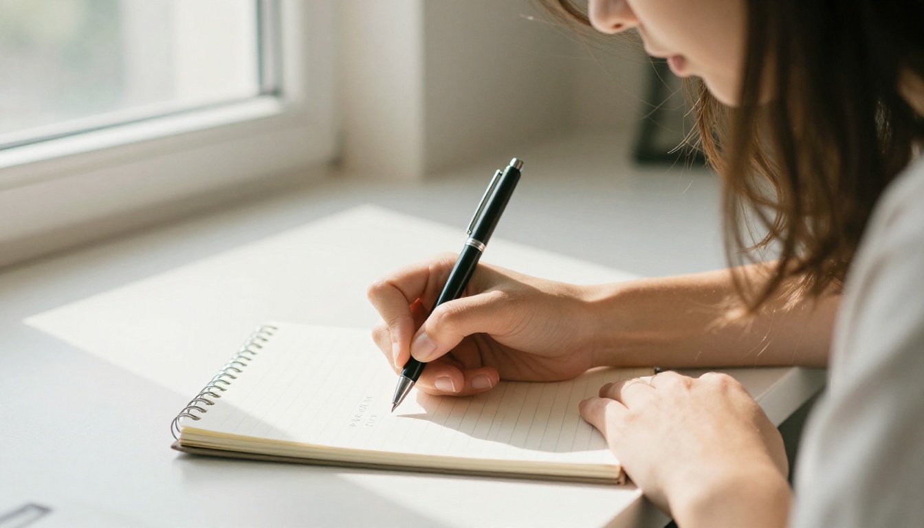 A focused person writing detailed style notes before prompting an AI image generator
