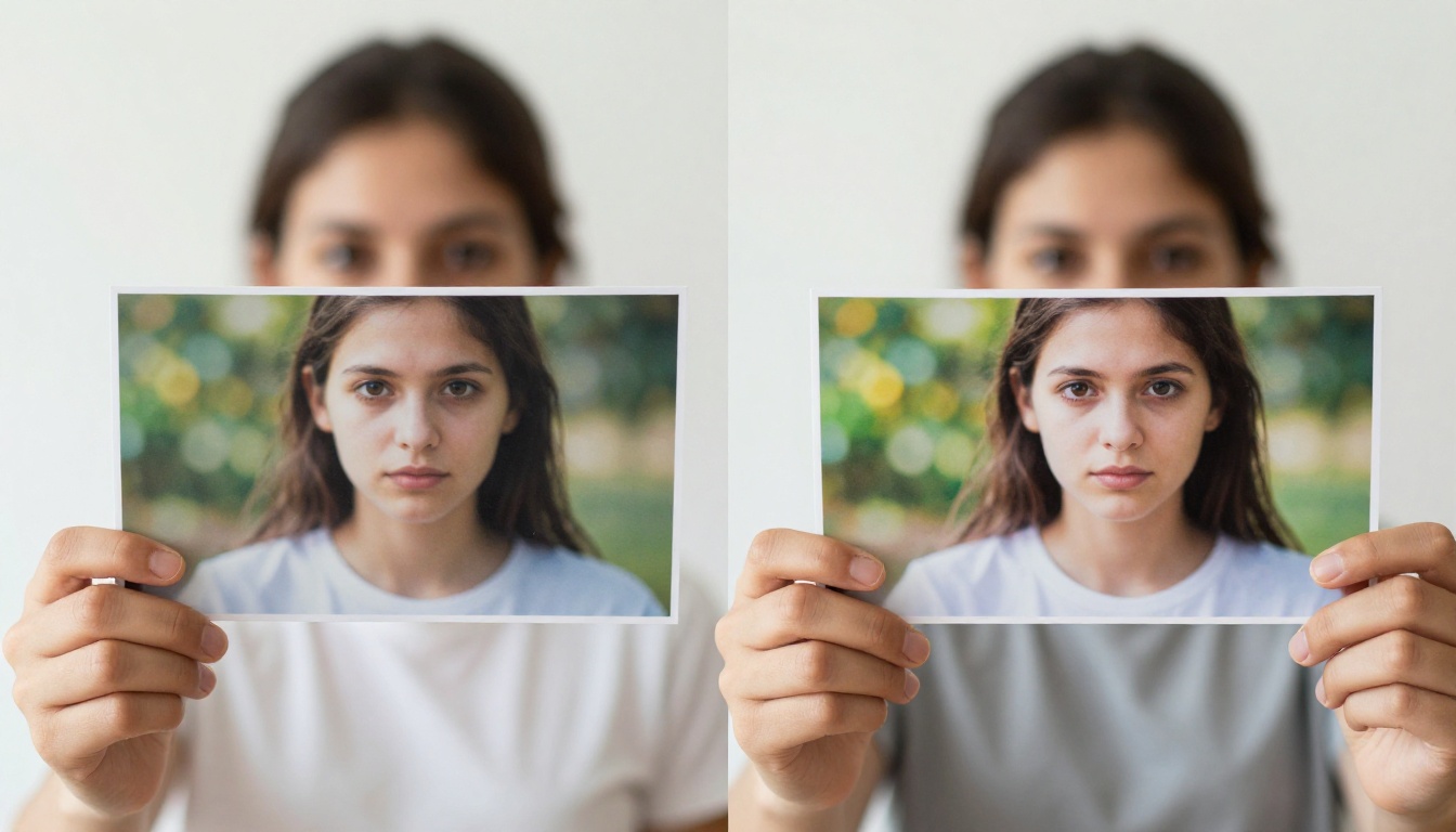 A person carefully comparing a blurry and a sharp printed photograph side by side