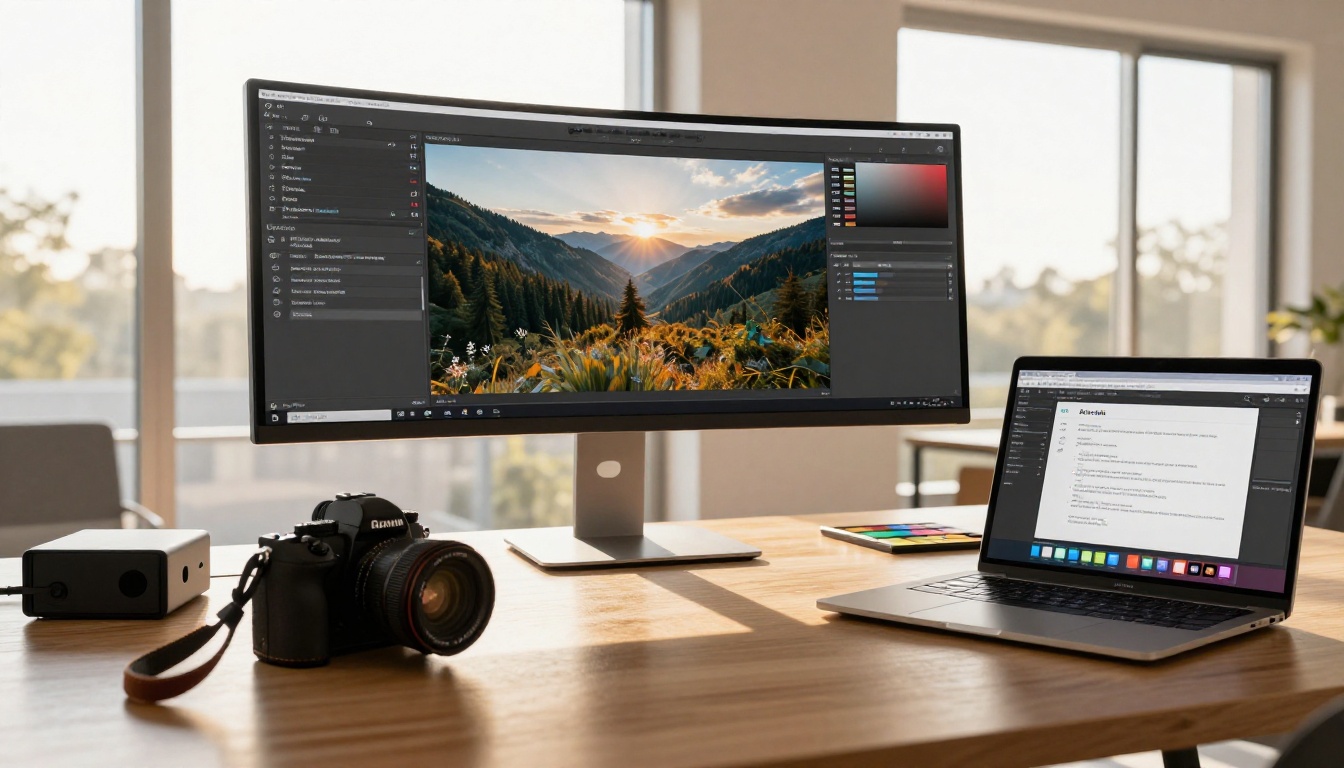 Wide AI workspace with dual monitors and professional camera equipment on the desk