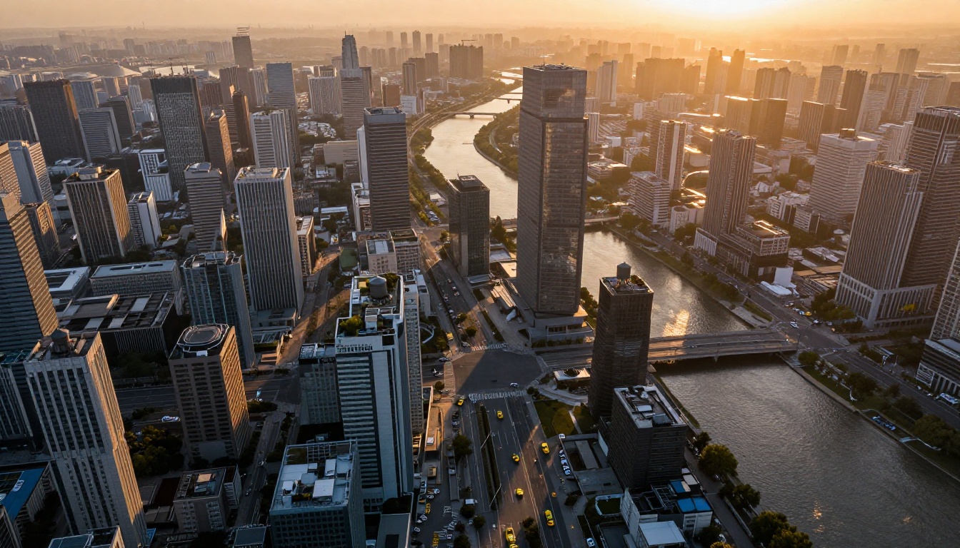 Aerial bird's-eye view of a modern cityscape at golden hour with long dramatic shadows and river reflection Aerial bird's-eye view of a modern cityscape at golden hour with long dramatic shadows and river reflection