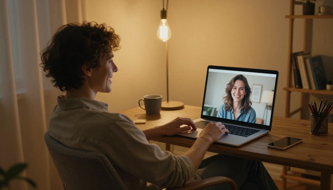 A satisfied person smiling at a beautiful AI-generated image result on their laptop screen