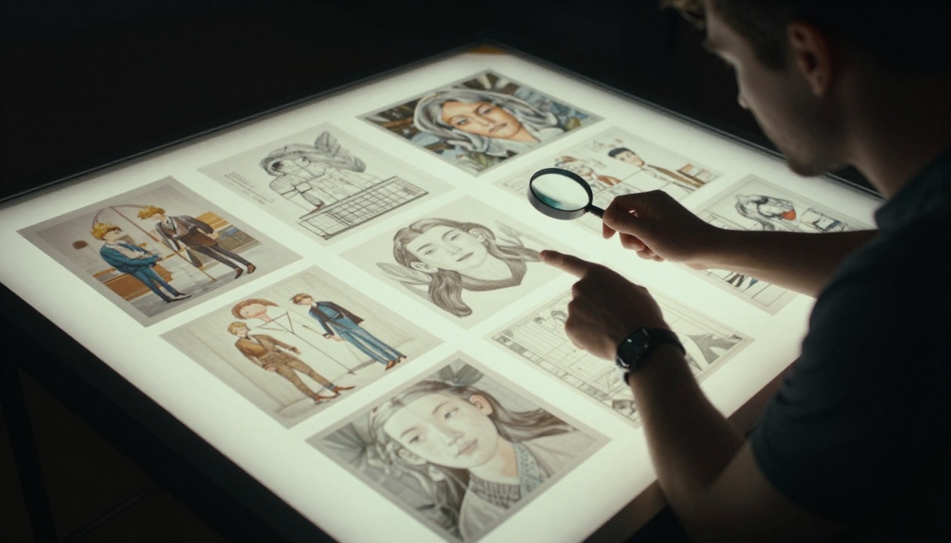 Creative director reviewing AI image drafts spread across a professional light table