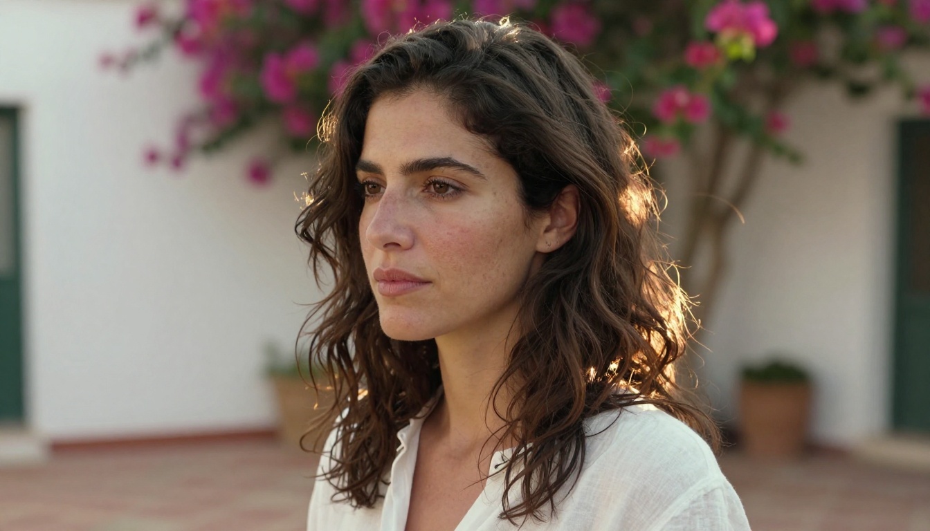 A woman in her 30s photographed in a Mediterranean courtyard with warm afternoon light and extraordinary skin texture detail A woman in her 30s photographed in a Mediterranean courtyard with warm afternoon light and extraordinary skin texture detail