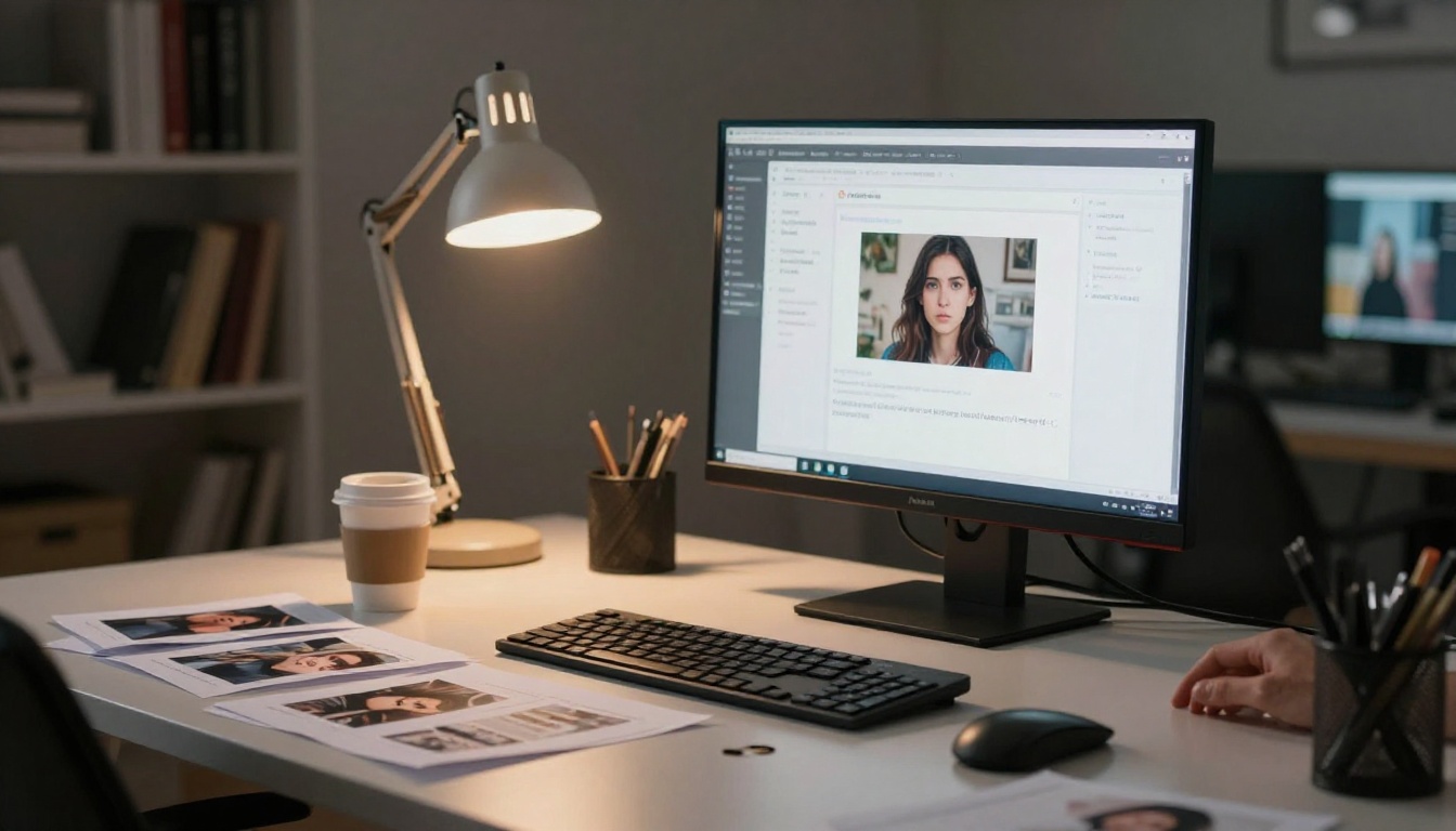 A frustrated graphic designer staring at error screens on dual monitors in a modern studio at night A frustrated graphic designer staring at error screens on dual monitors in a modern studio at night