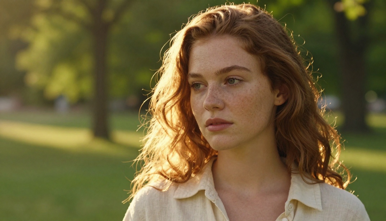 Portrait of a young woman with freckles in golden hour afternoon light in a park