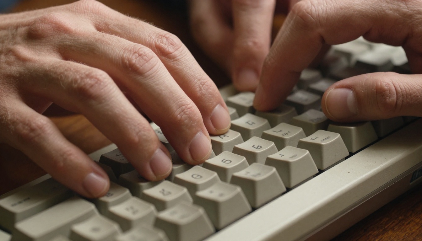 Close-up of weathered hands typing on a mechanical keyboard, precise macro detail, warm overhead light Close-up of weathered hands typing on a mechanical keyboard, precise macro detail, warm overhead light