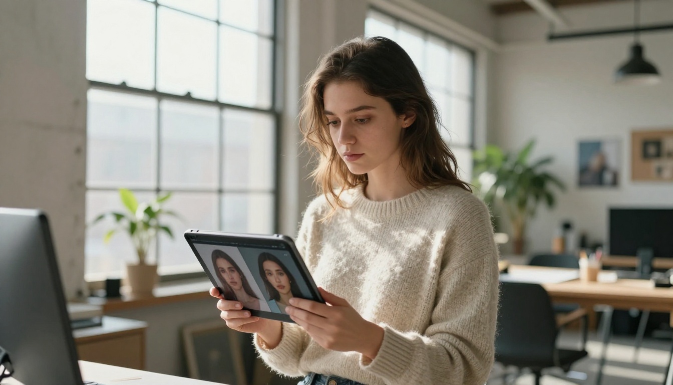 A young woman in a creative studio comparing AI image outputs on a tablet, morning light through industrial windows A young woman in a creative studio comparing AI image outputs on a tablet, morning light through industrial windows