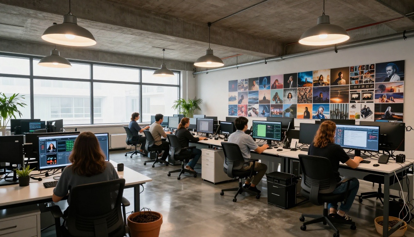 A high-end technology research lab with dual-monitor workstations, display wall, exposed concrete ceiling, and warm industrial lighting A high-end technology research lab with dual-monitor workstations, display wall, exposed concrete ceiling, and warm industrial lighting