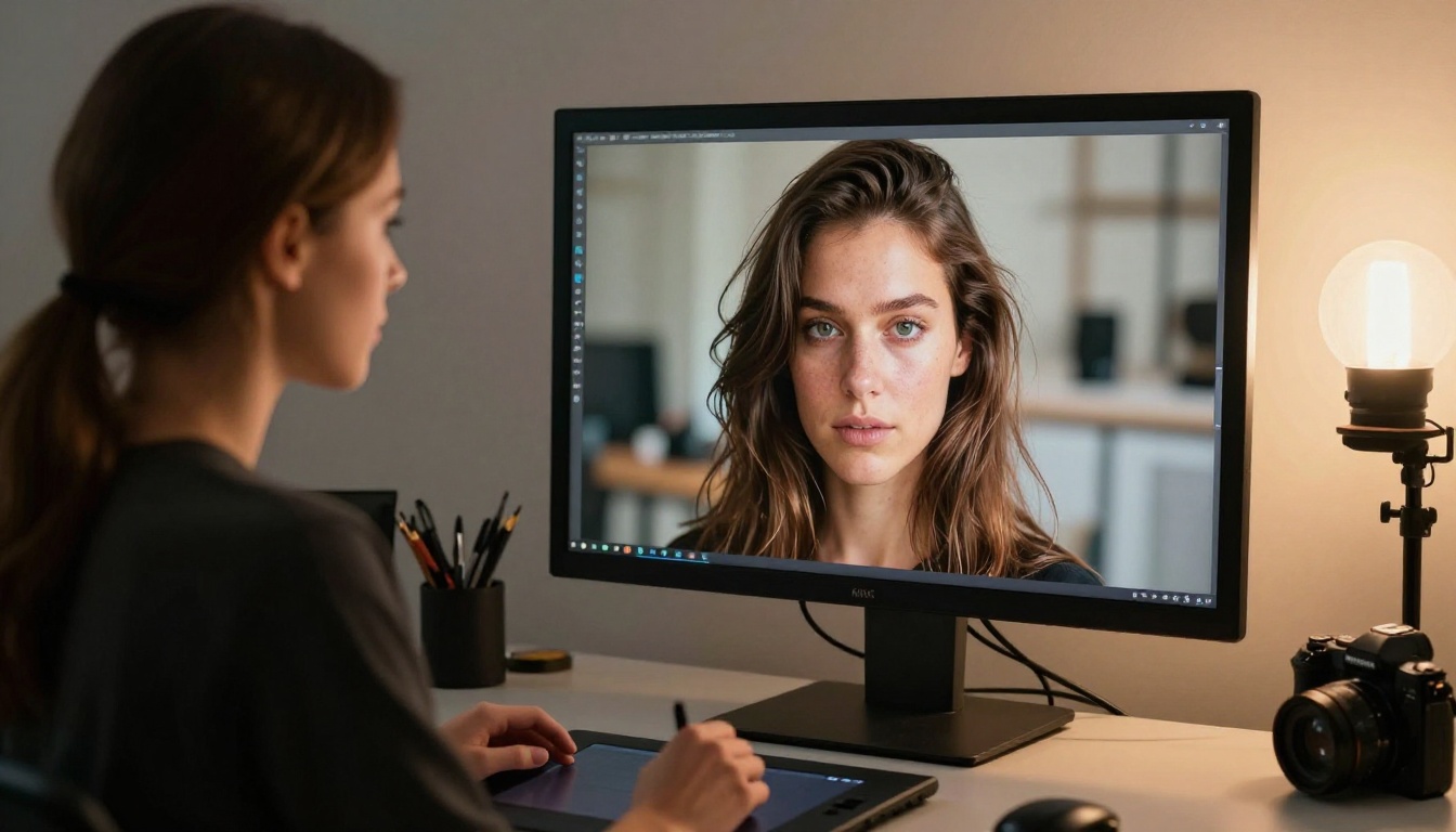 A female photographer reviewing high-resolution images on a large color-calibrated monitor in a professional studio A female photographer reviewing high-resolution images on a large color-calibrated monitor in a professional studio