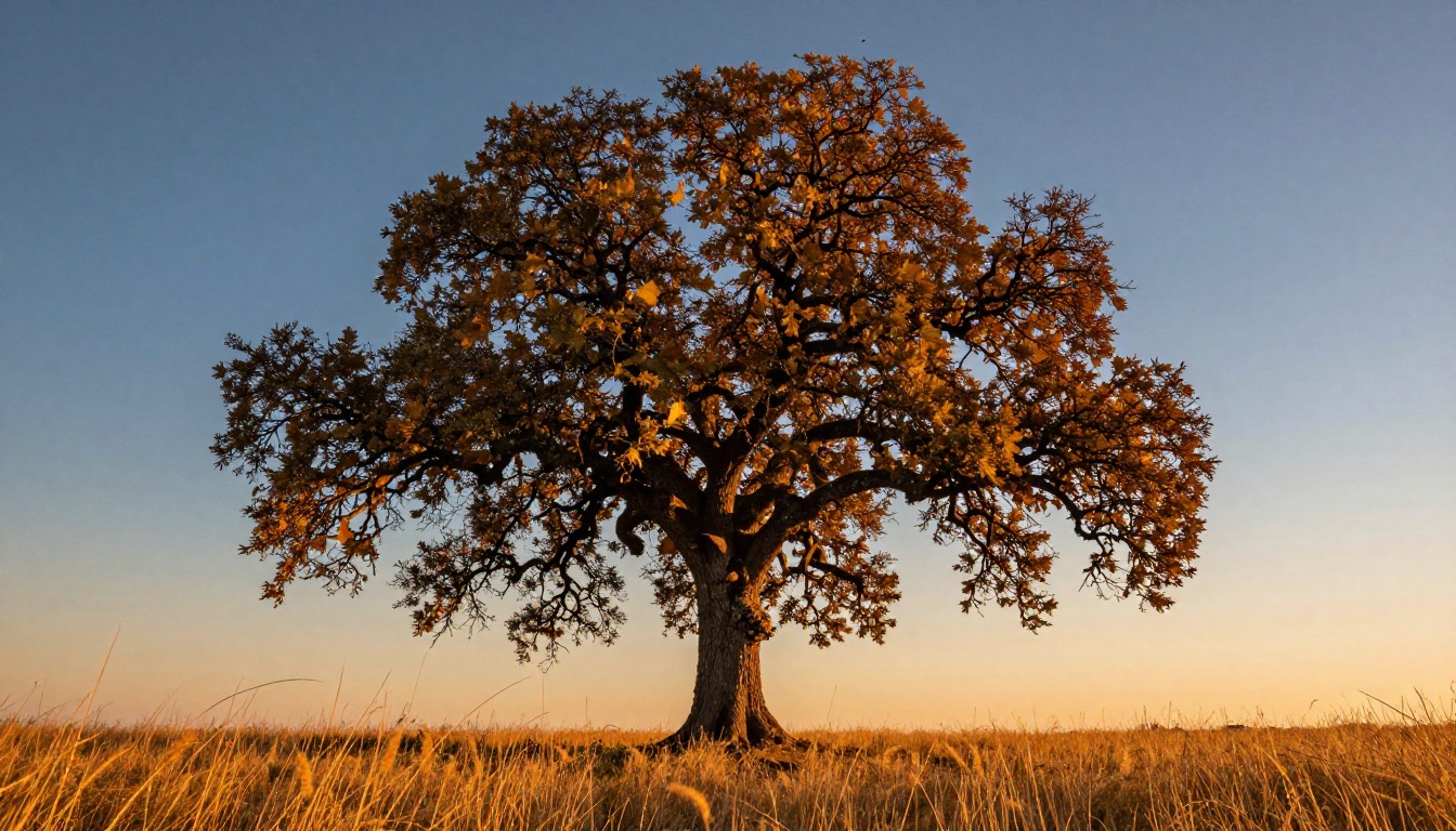 A single massive oak tree at golden hour photographed from ground level with extraordinary bark texture and translucent backlit leaves A single massive oak tree at golden hour photographed from ground level with extraordinary bark texture and translucent backlit leaves