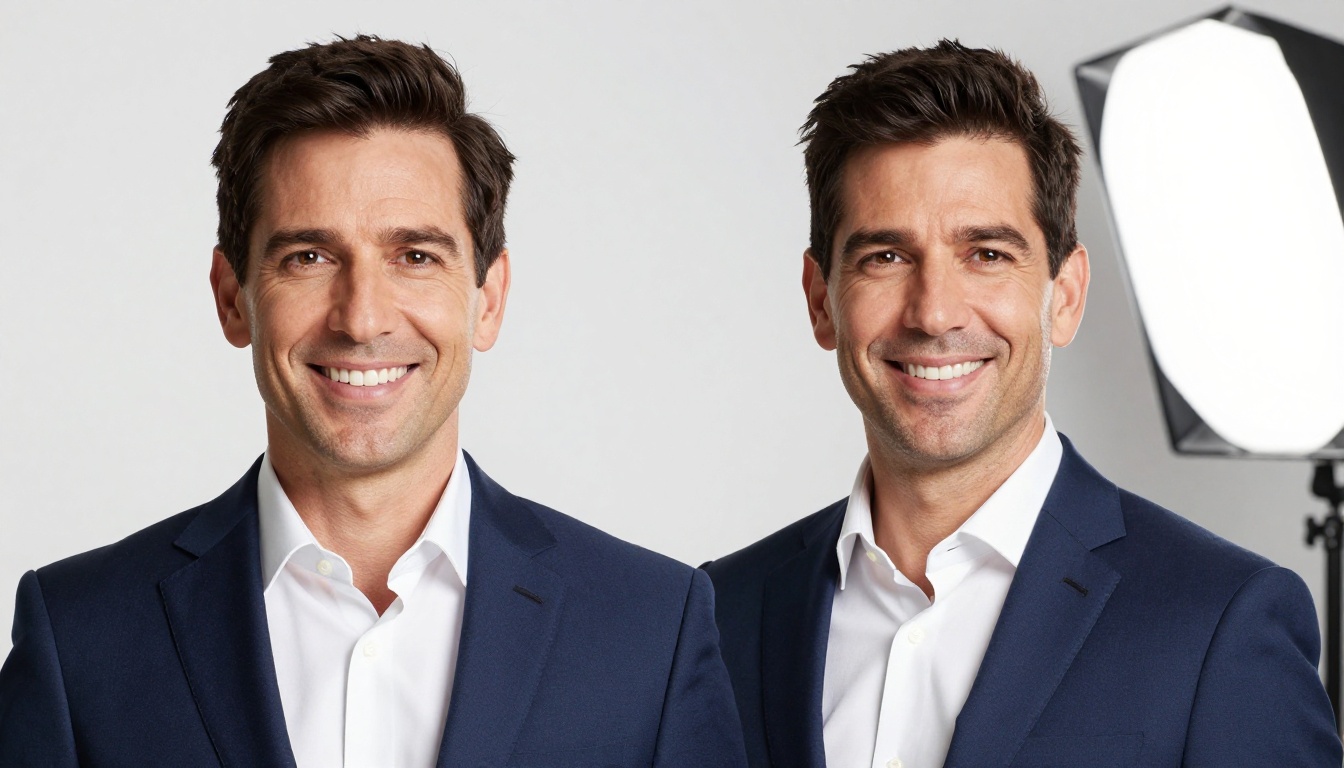 Professional corporate headshot of a man in navy suit with natural skin texture