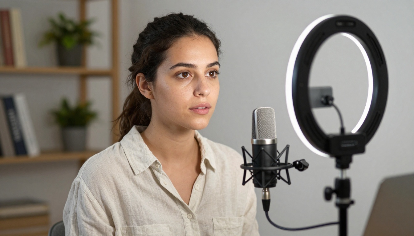 A woman filming herself in a professional home studio with ring light, microphone, and camera equipment visible A woman filming herself in a professional home studio with ring light, microphone, and camera equipment visible