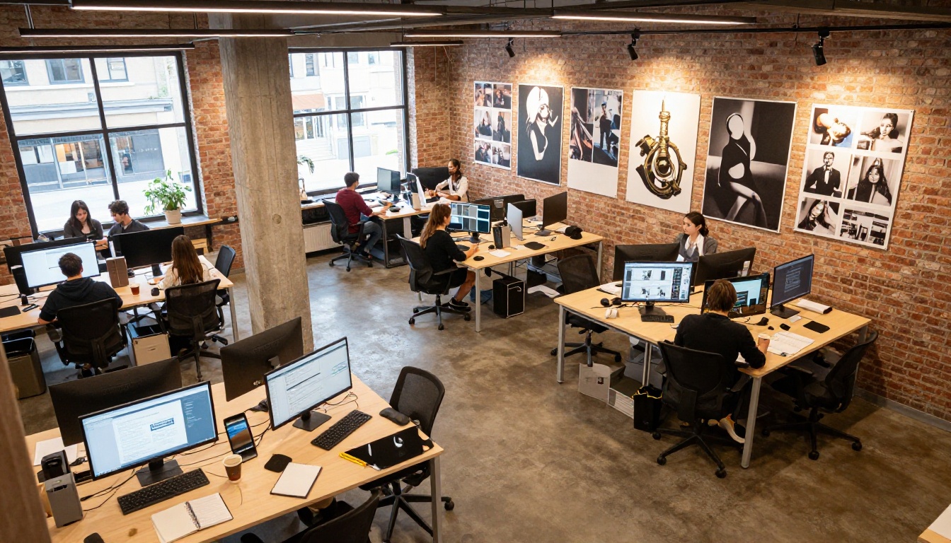Aerial view of a creative agency workspace with designers at computers and prints on exposed brick walls Aerial view of a creative agency workspace with designers at computers and prints on exposed brick walls