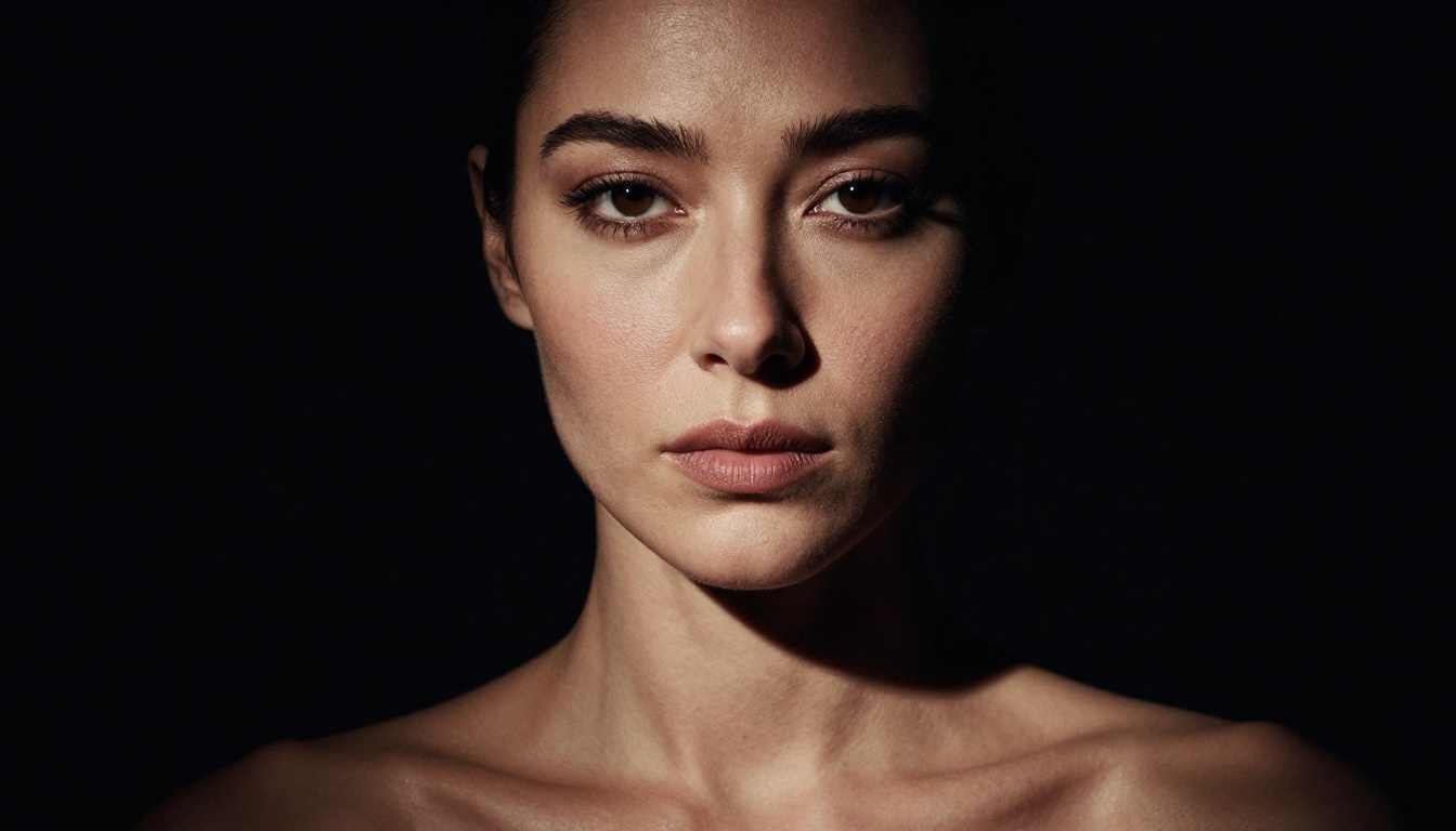Dramatic low-key Rembrandt lighting portrait of a woman with single spotlight
