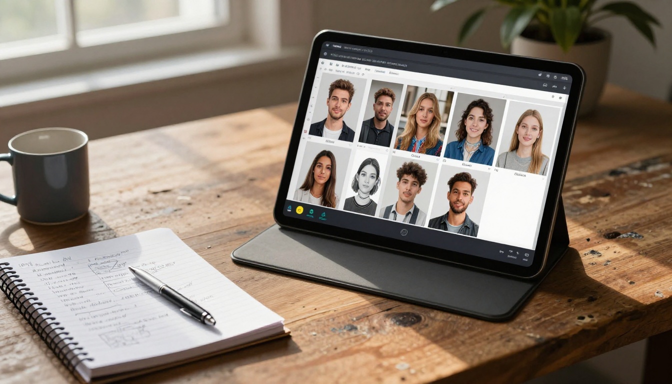 A drawing tablet on an oak desk showing AI image comparisons, handwritten notes in a notebook beside it A drawing tablet on an oak desk showing AI image comparisons, handwritten notes in a notebook beside it