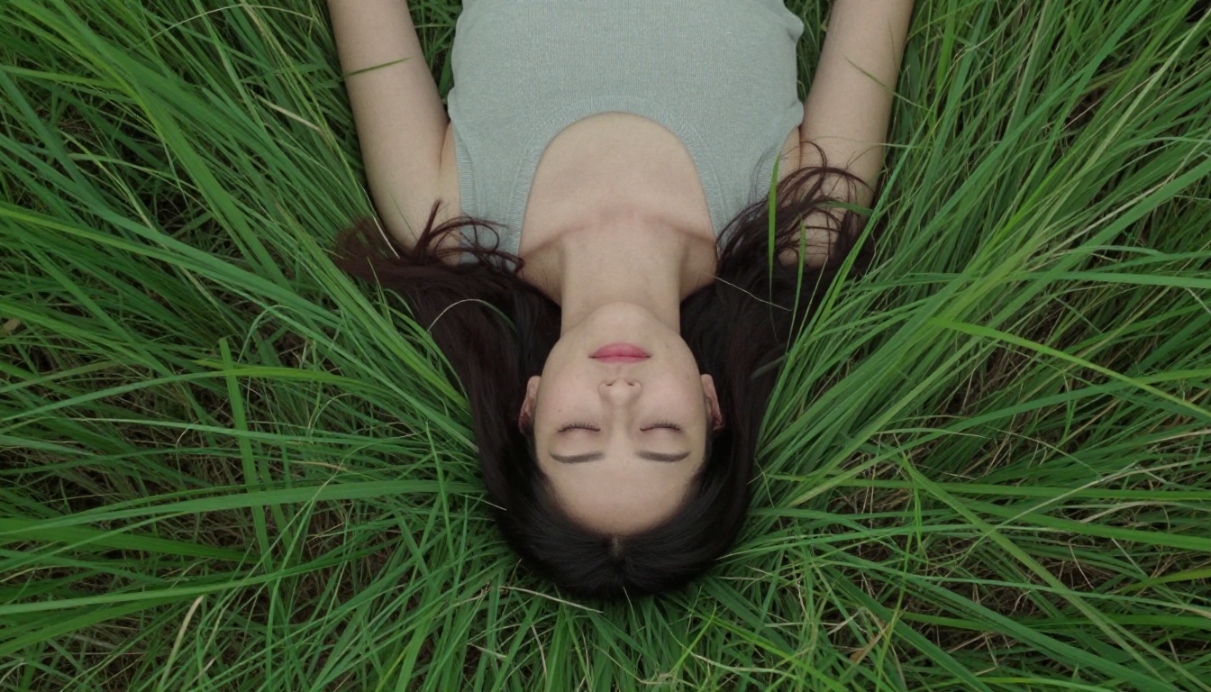 High angle aerial portrait of a woman lying peacefully in a field of green grass