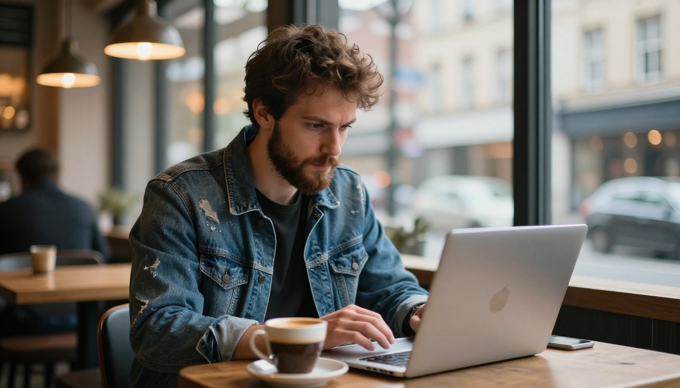 A bearded man working intensely on a laptop in a warm urban coffee shop, city street blurred through the window A bearded man working intensely on a laptop in a warm urban coffee shop, city street blurred through the window