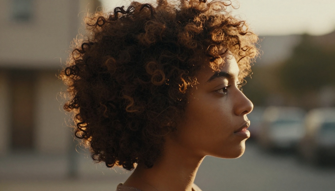 Side profile portrait of a woman with natural afro hair and warm backlit rim light