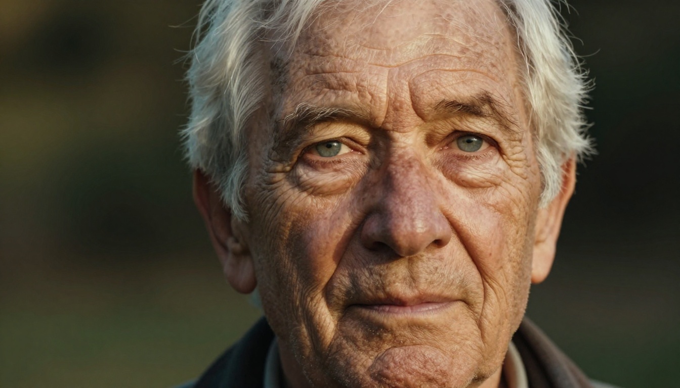 Elderly man portrait with prominent deep wrinkles and sharp pale blue eyes in warm tungsten window light