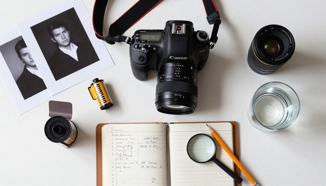 A photographer's workspace flatlay showing camera body, printed contact sheets, film canister, and handwritten notes in natural north-facing light A photographer's workspace flatlay showing camera body, printed contact sheets, film canister, and handwritten notes in natural north-facing light
