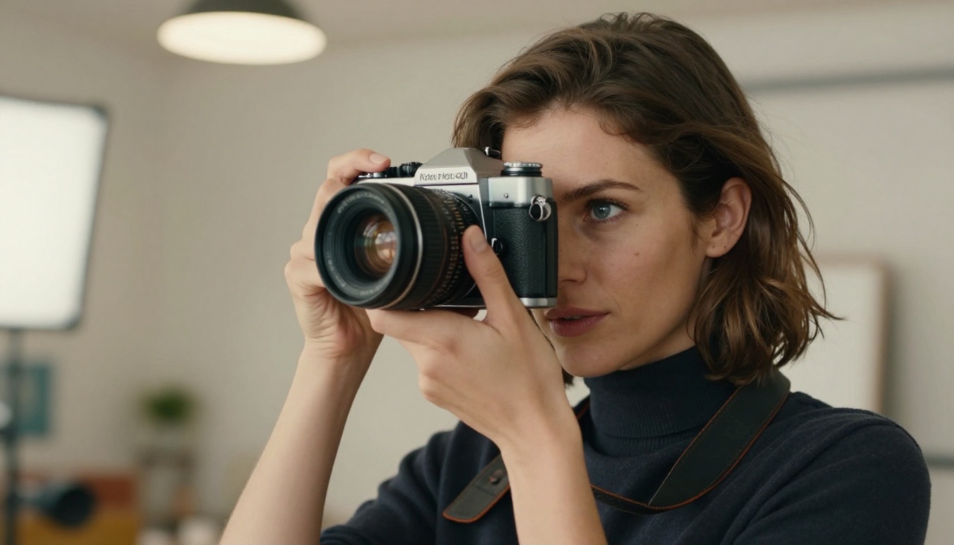 Woman photographer holding a vintage film camera in a professional studio with soft overhead lighting