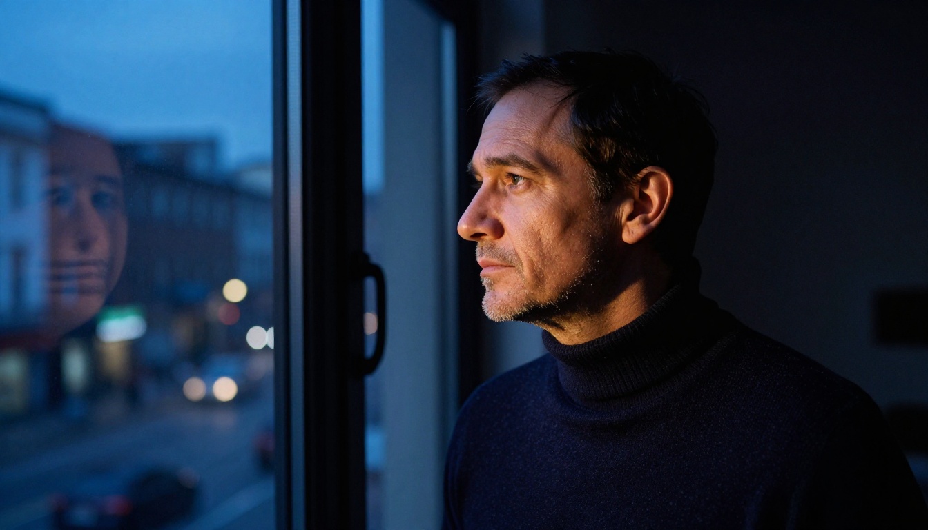 A man in his late 40s in side-profile, lit by dusk window light, wearing a dark navy turtleneck with extraordinary photorealistic skin and stubble detail A man in his late 40s in side-profile, lit by dusk window light, wearing a dark navy turtleneck with extraordinary photorealistic skin and stubble detail