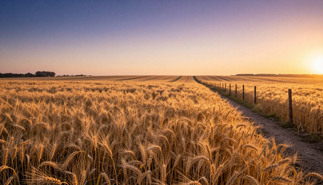 A wheat field at sunrise with extraordinary detail in individual stalks, dew drops catching the first light, and a long dirt path receding to the horizon A wheat field at sunrise with extraordinary detail in individual stalks, dew drops catching the first light, and a long dirt path receding to the horizon