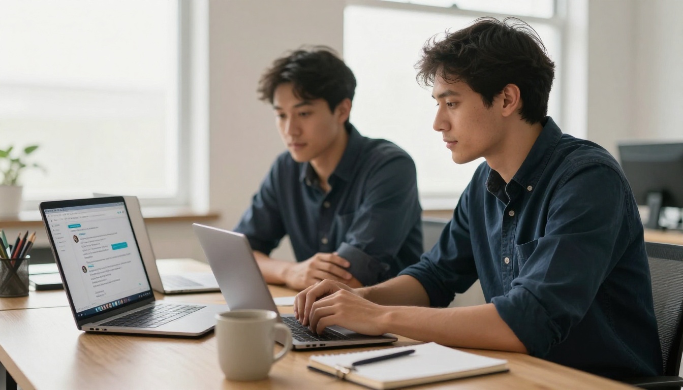 Young professional comparing AI chatbot responses on dual laptop screens