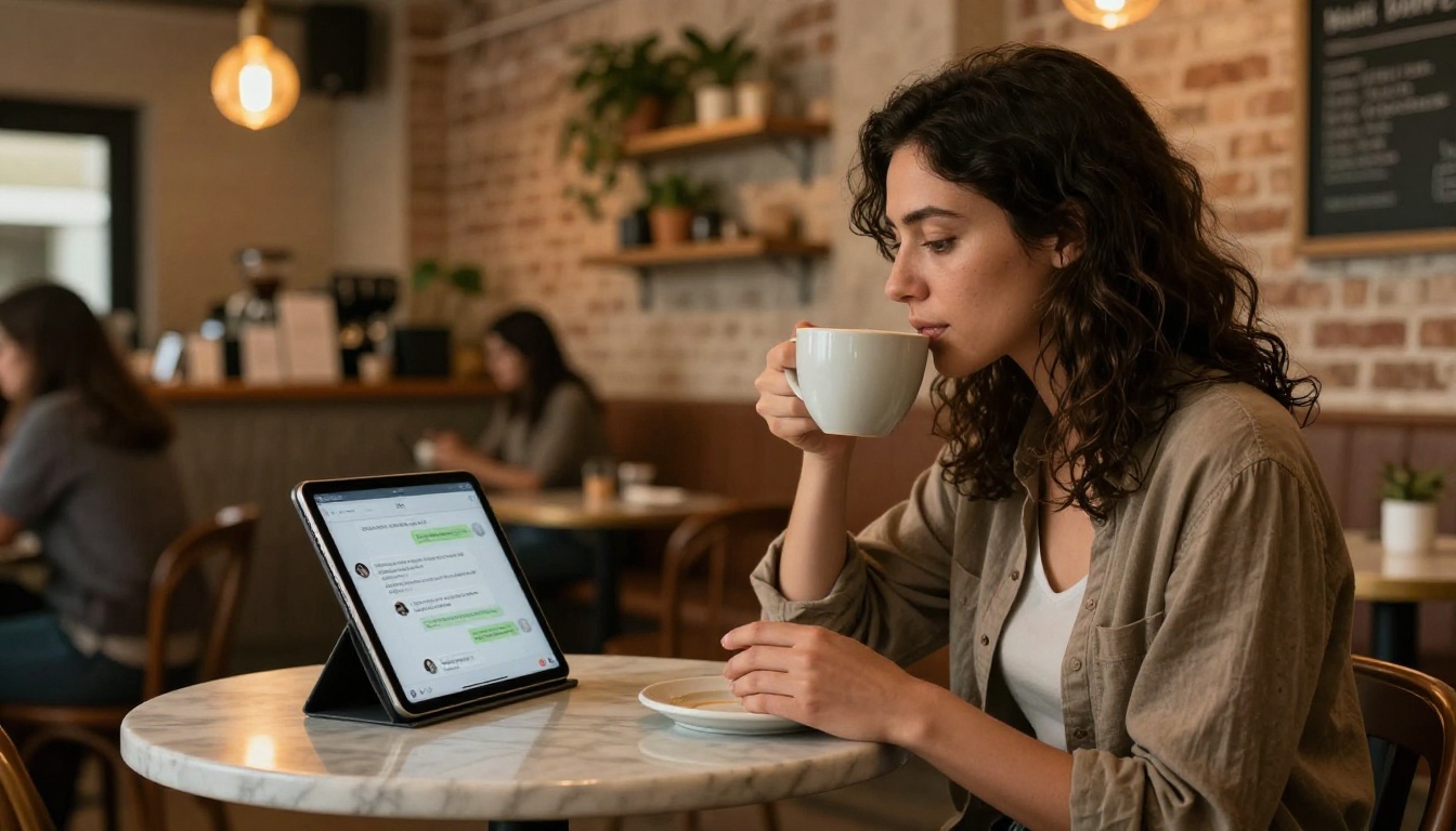 Woman relaxing in coffee shop using AI assistant on tablet