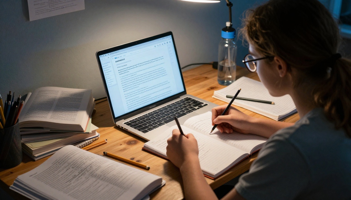 Student using AI chatbot for homework research at cluttered study desk