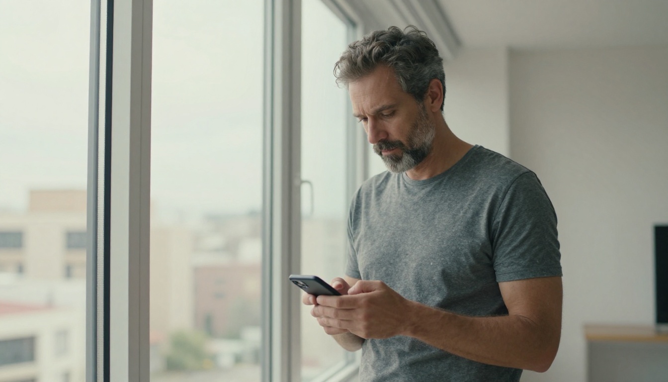 Man standing by apartment window reviewing AI response on smartphone