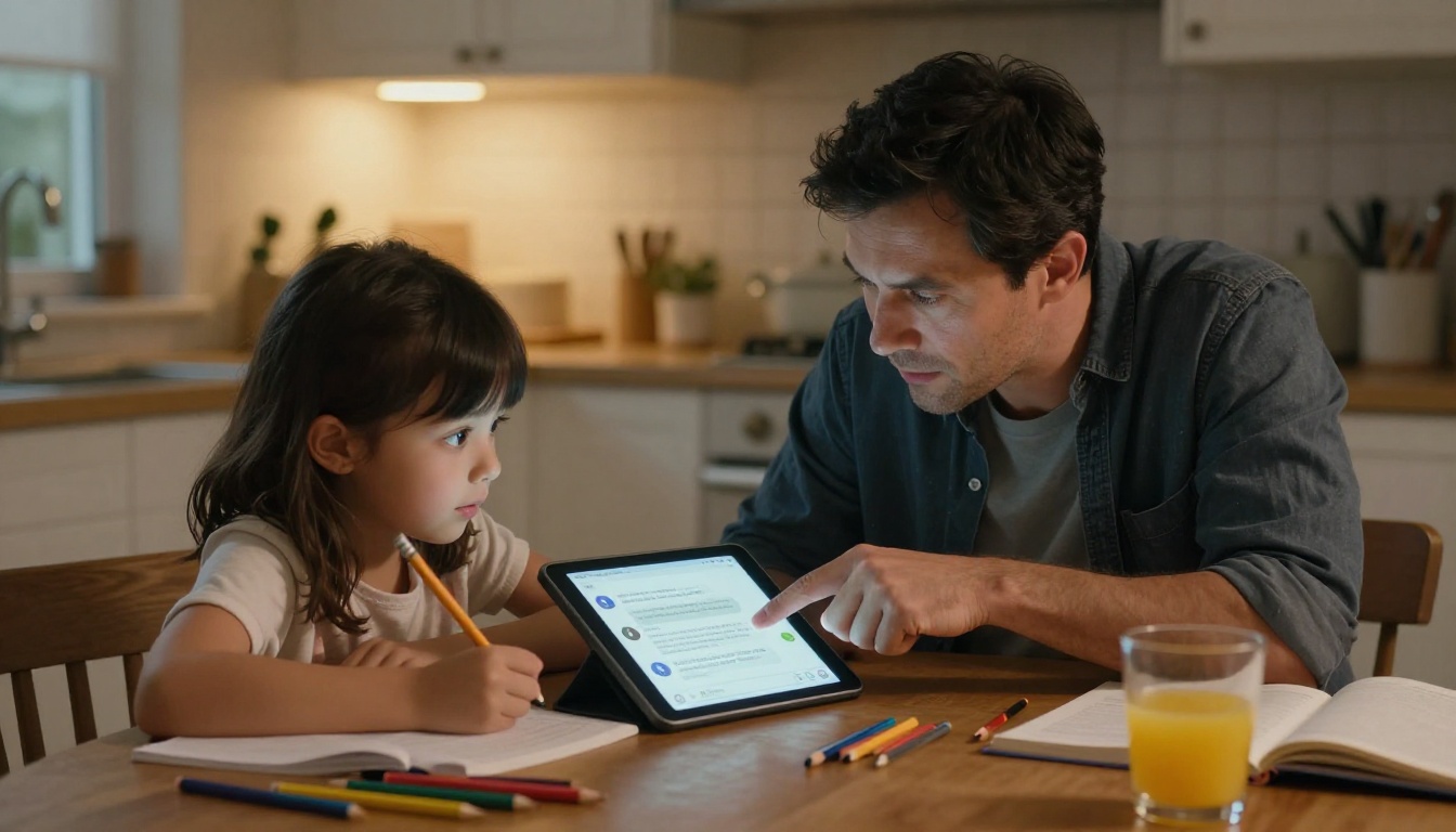 Father and young daughter reading AI chatbot response on tablet at dining table