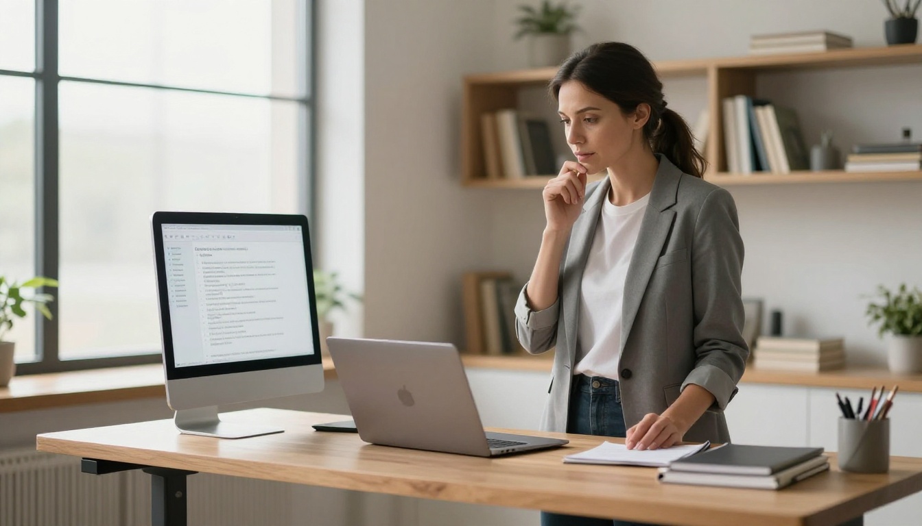 Woman at home office standing desk reviewing AI model responses on laptop