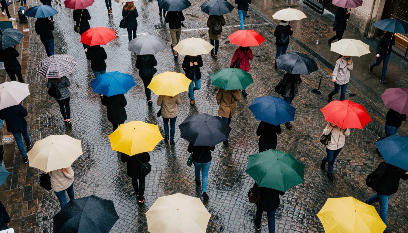 Aerial view of a crowd with colorful umbrellas on a wet cobblestone plaza, testing AI spatial coherence and reflection accuracy