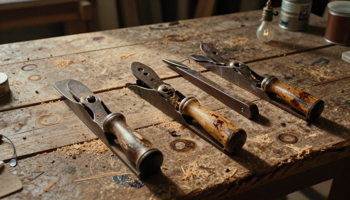 Weathered carpenter's workbench with aged tools, surface texture detail illustrating AI material accuracy