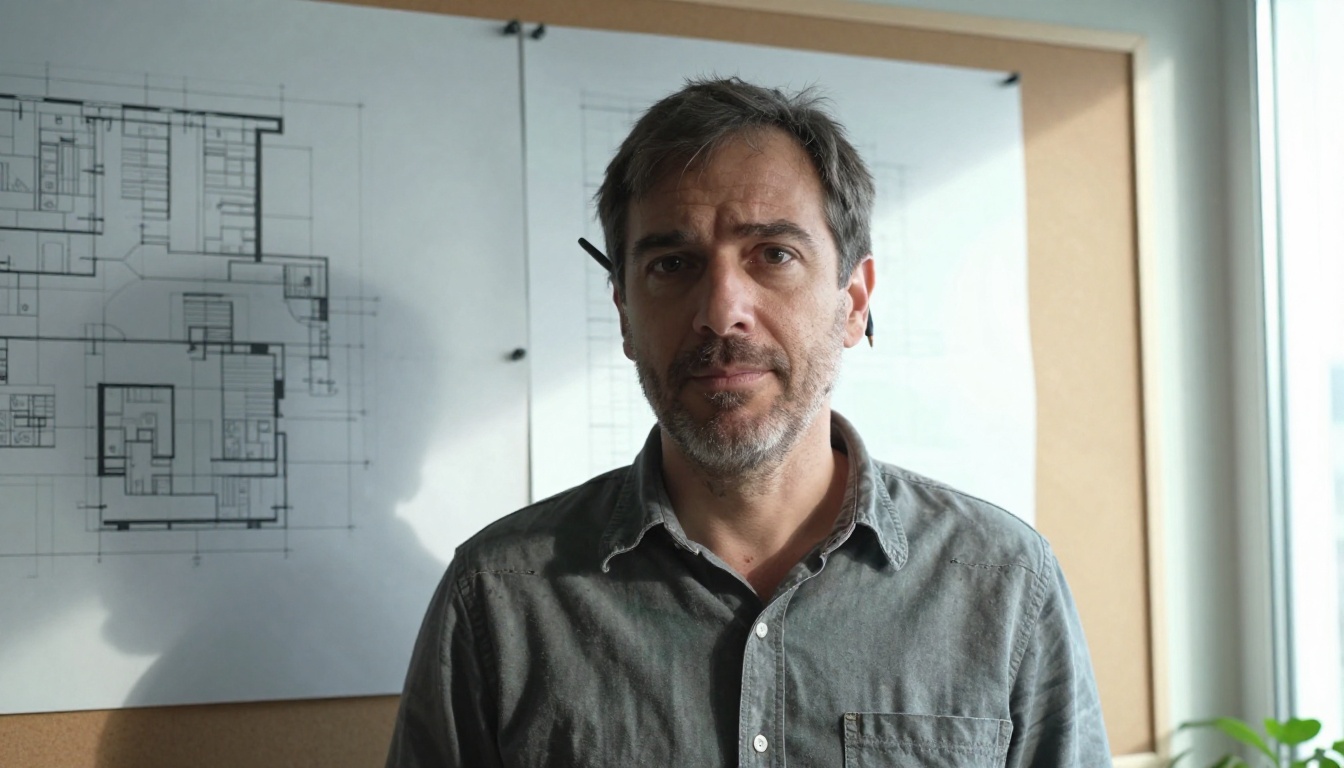Middle-aged male architect in natural window light, candid editorial portrait style